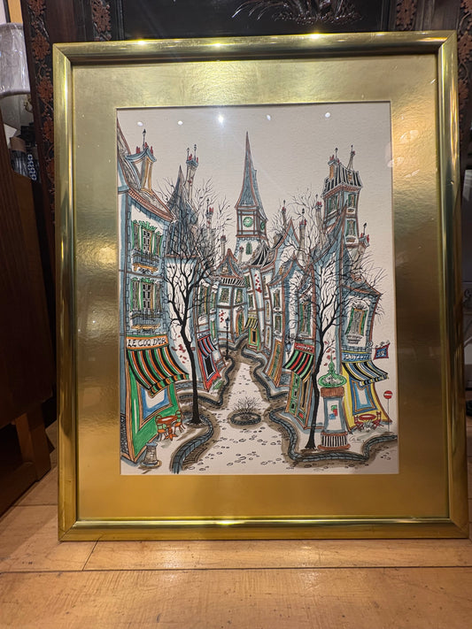 Signed Whimsical Streetscape Illustration