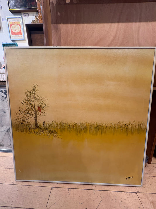 Signed Conte Yellow Landscape Kite in Tree