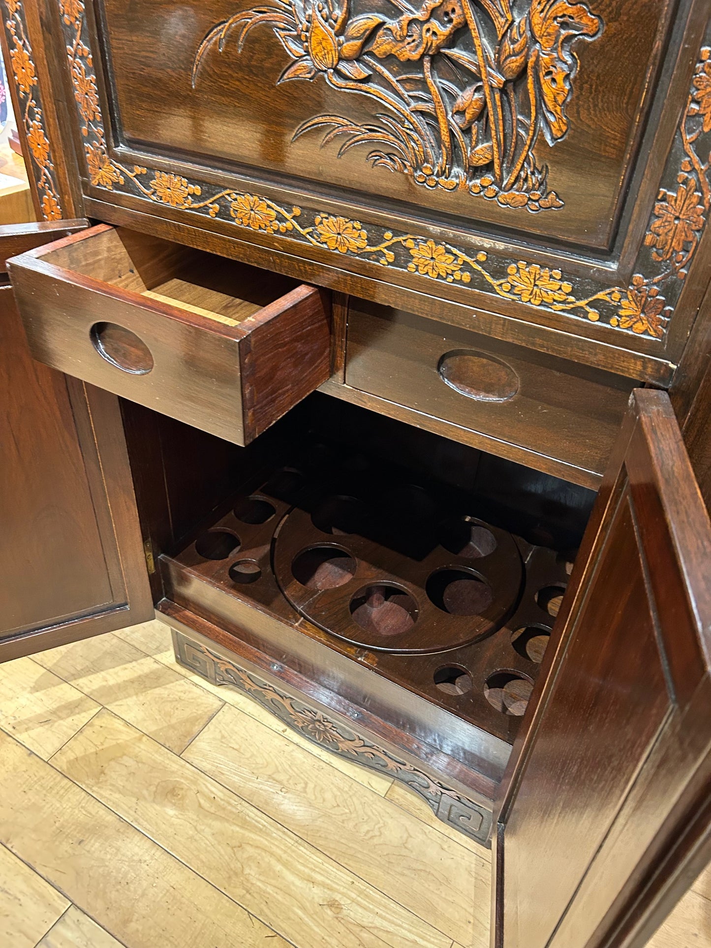 Asian Bar Cabinet with Carved Detail