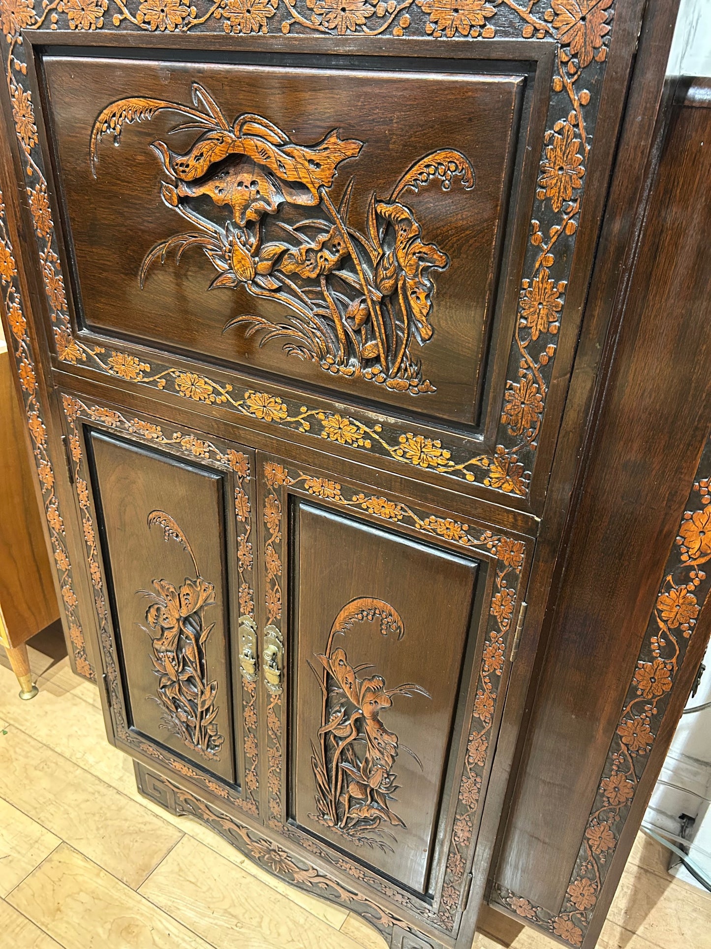 Asian Bar Cabinet with Carved Detail