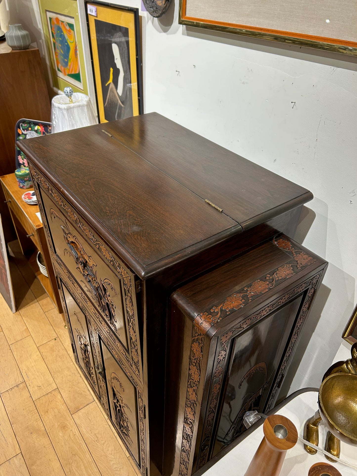 Asian Bar Cabinet with Carved Detail