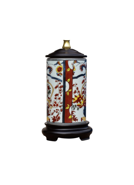 15" Cylinder Lamp with Floral Design on Black Base