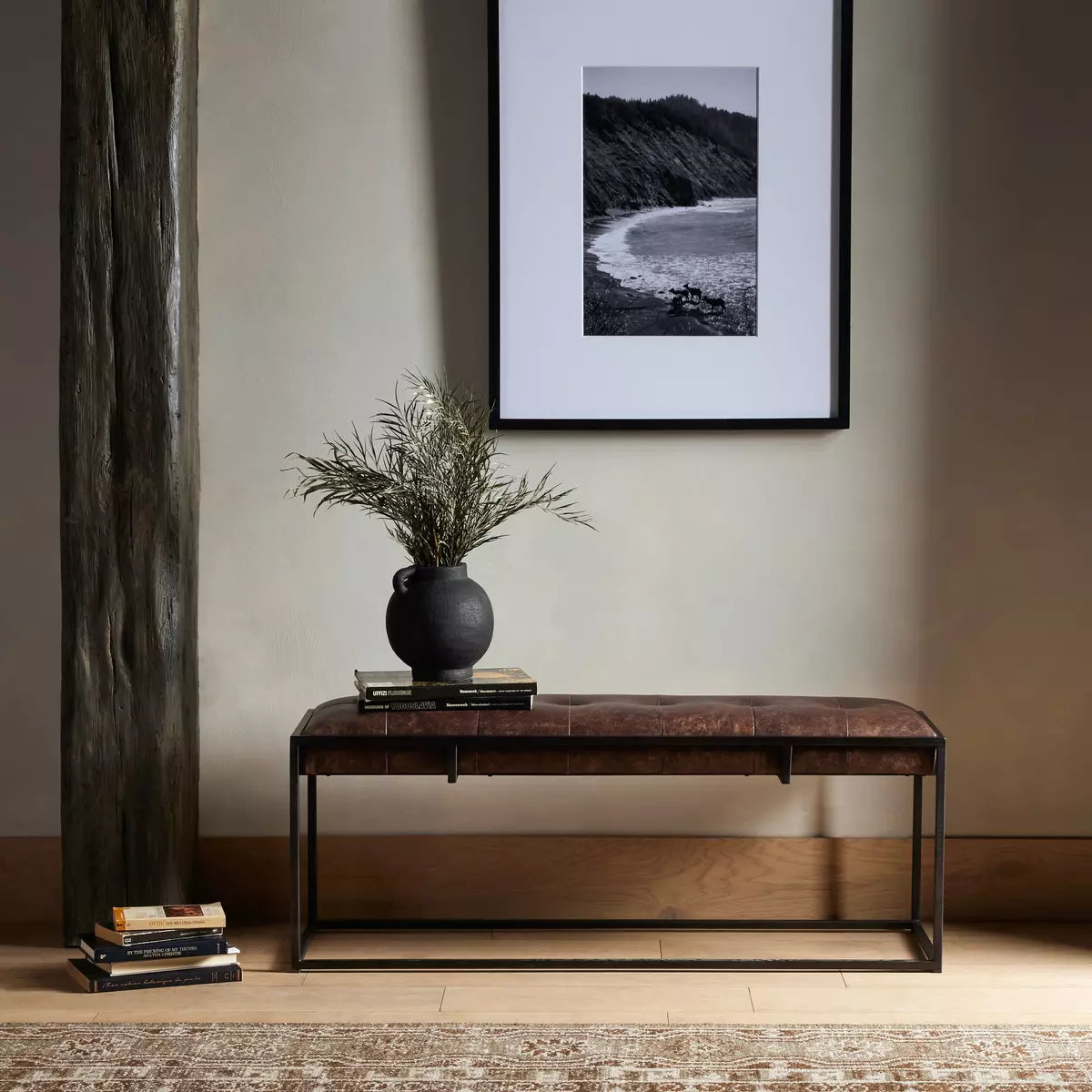 Tufted Leather and Iron Bench