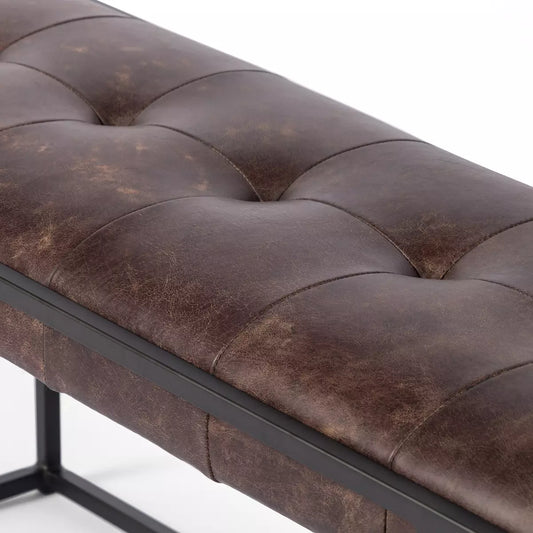 Tufted Leather and Iron Bench