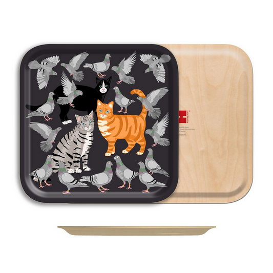 Cat Amongst The Pigeons Square Birch Wood Tray