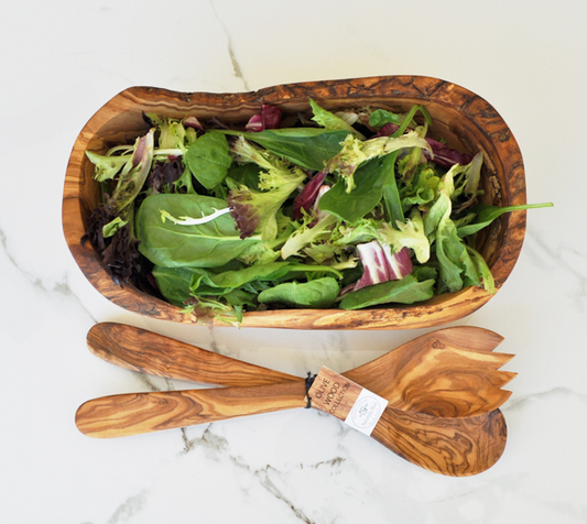 Olive Wood Gift Set Natural Boat Shaped Bowl and Salad Servers