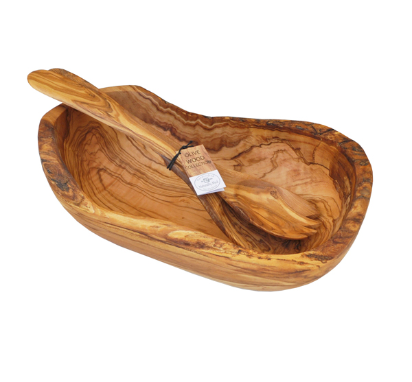 Olive Wood Gift Set Natural Boat Shaped Bowl and Salad Servers