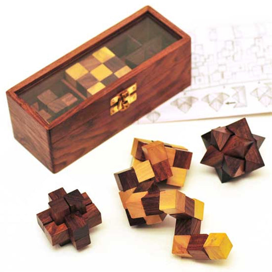 3 WOOD PUZZLE BOX W/GLASS LID