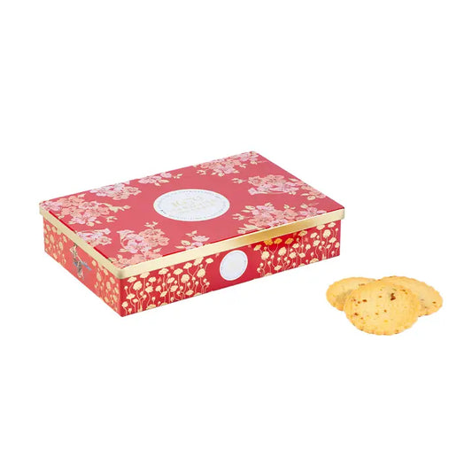 Caramel Chip Shortbread Cookies Holiday Floral Red Gold Tin