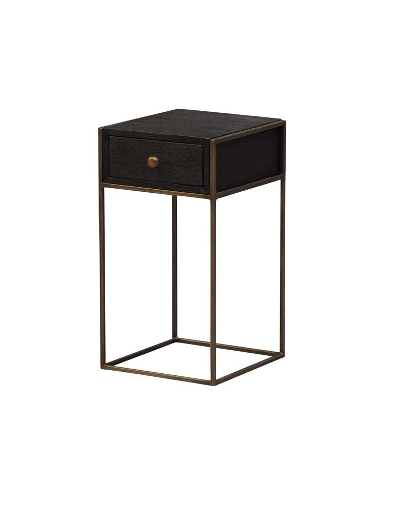 Black Mango Wood and Iron Side Table with One Drawer