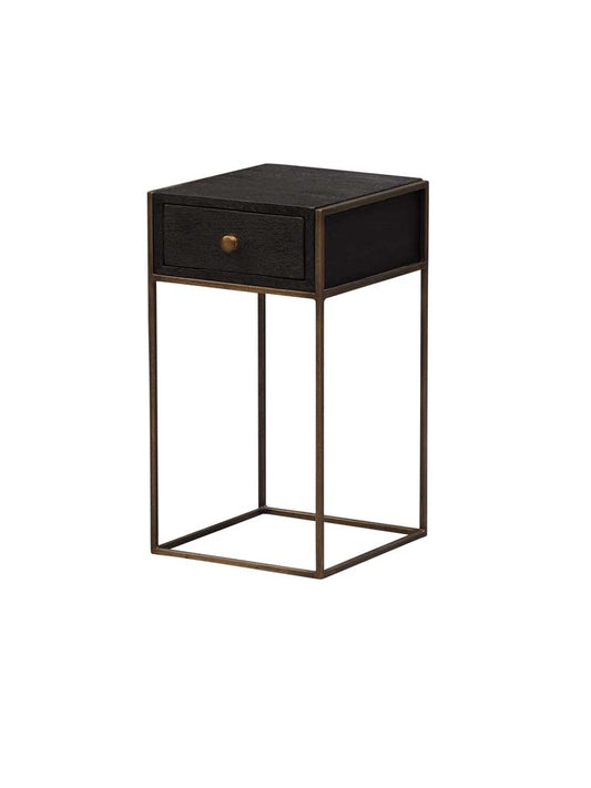 Black Mango Wood and Iron Side Table with One Drawer