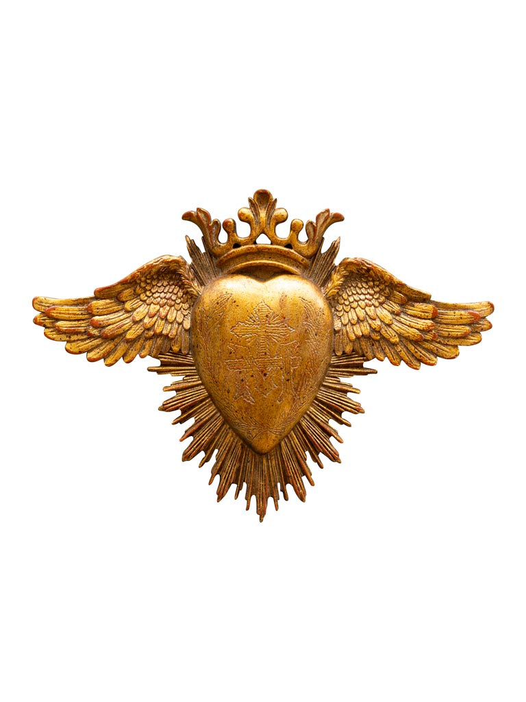 Ex-voto heart & wings golden resin