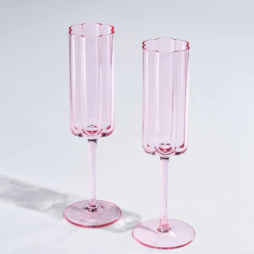 Set of Two Pink Flower Champagne Flutes
