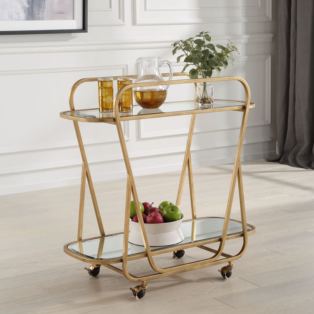 2-Tier Hourglass Iron and Glass Bar Cart