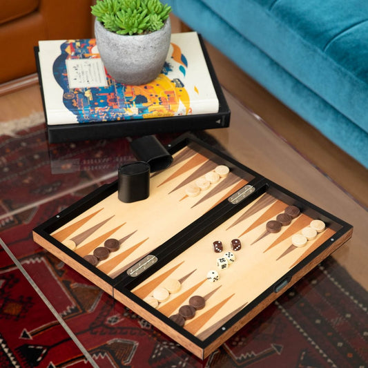 Brown Inlaid Wood Backgammon and Chess Set