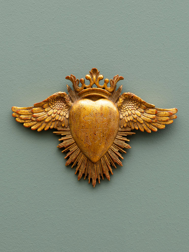 Ex-voto heart & wings golden resin