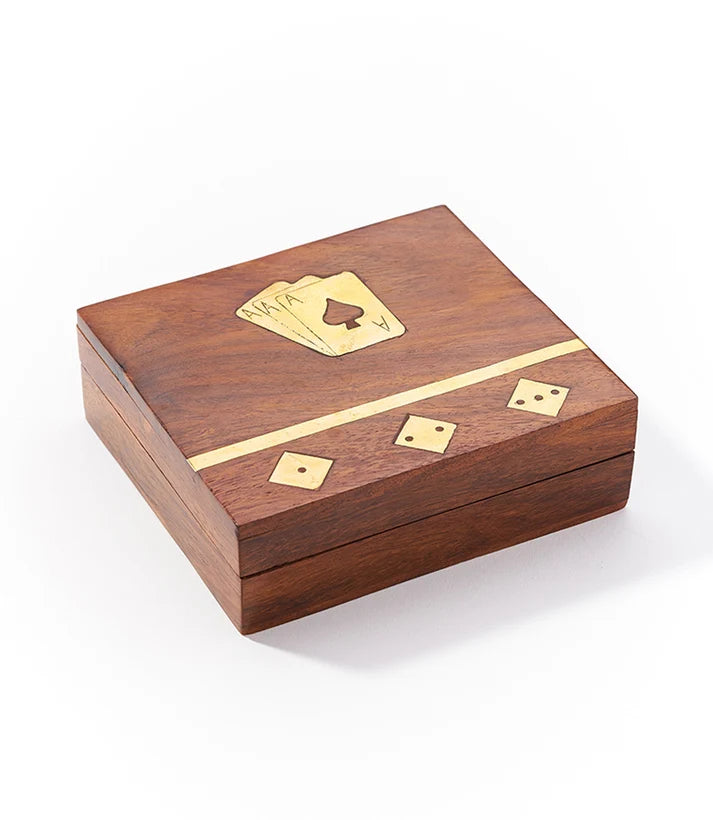 Game Night Wood Box with 5 Dice and Playing Cards