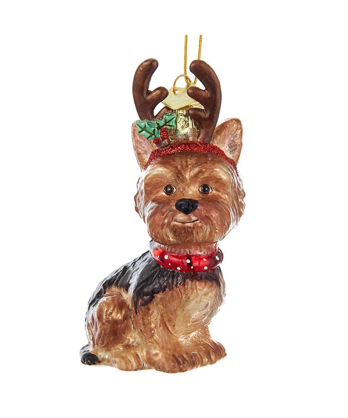 Yorkshire Terrier with Antlers Ornament