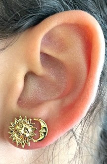 Sun and Moon Faces Gold Stud Earrings