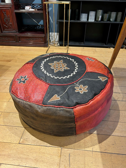 Vintage Red & Black Leather Ottoman