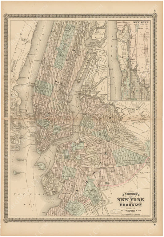 New York and Brooklyn AJ Johnson and Co 1866 Map