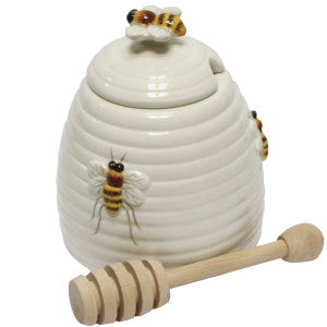 Honey Pot with Bees and Wooden Honey Stick